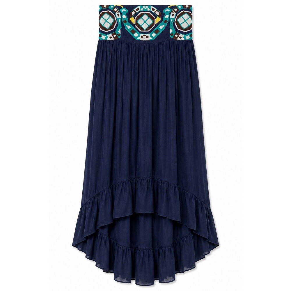 THML Dress Women's Large Blue Embroidered Geometric Strapless High Low Boho